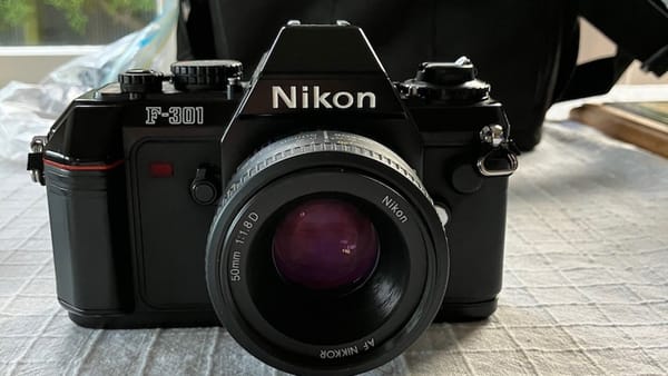 Nikon F-301 with Nikkor 50mm 1.8D lens attached.